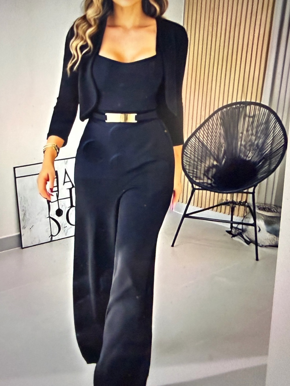 Black Wide-Leg Jumpsuit with Gold Buckle Belt and Crop Jacket - NWOT Size XXL